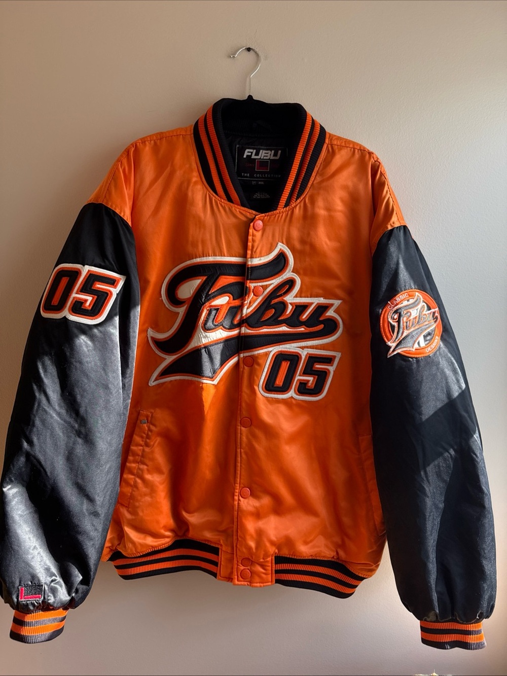 FUBU Orange and Black Varsity Bomber Jacket with '05 Patches